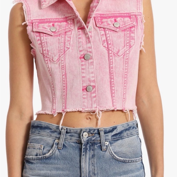 Avec Les Filles Tops - Avec Les Filles Pink Frayed Denim Crop Top